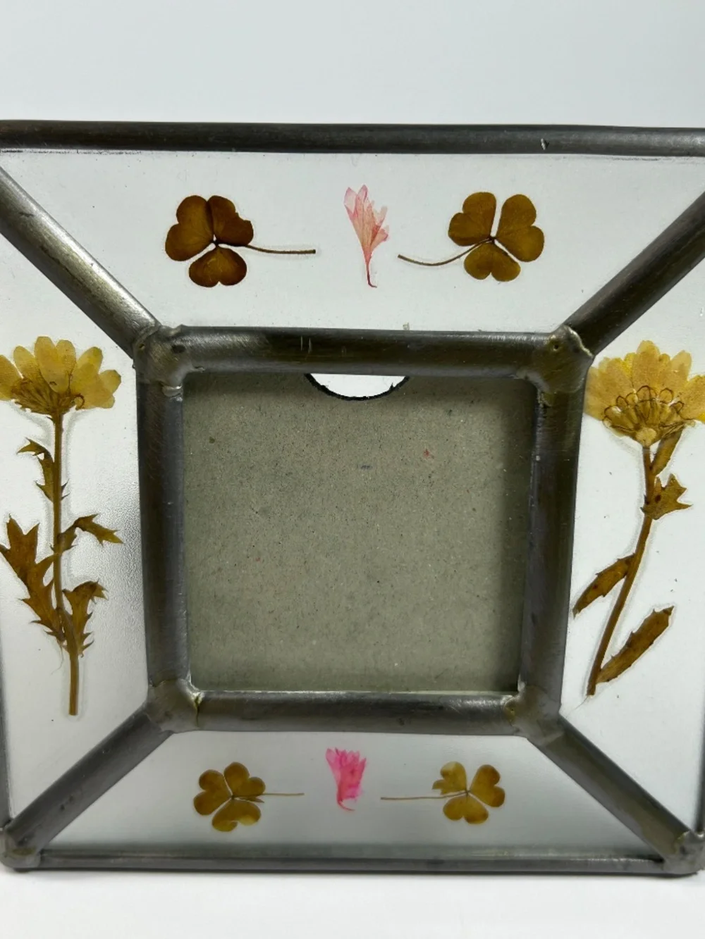 Vintage Lead & Glass Square Picture Frame with Dried Pressed Flower Rustic Charm
